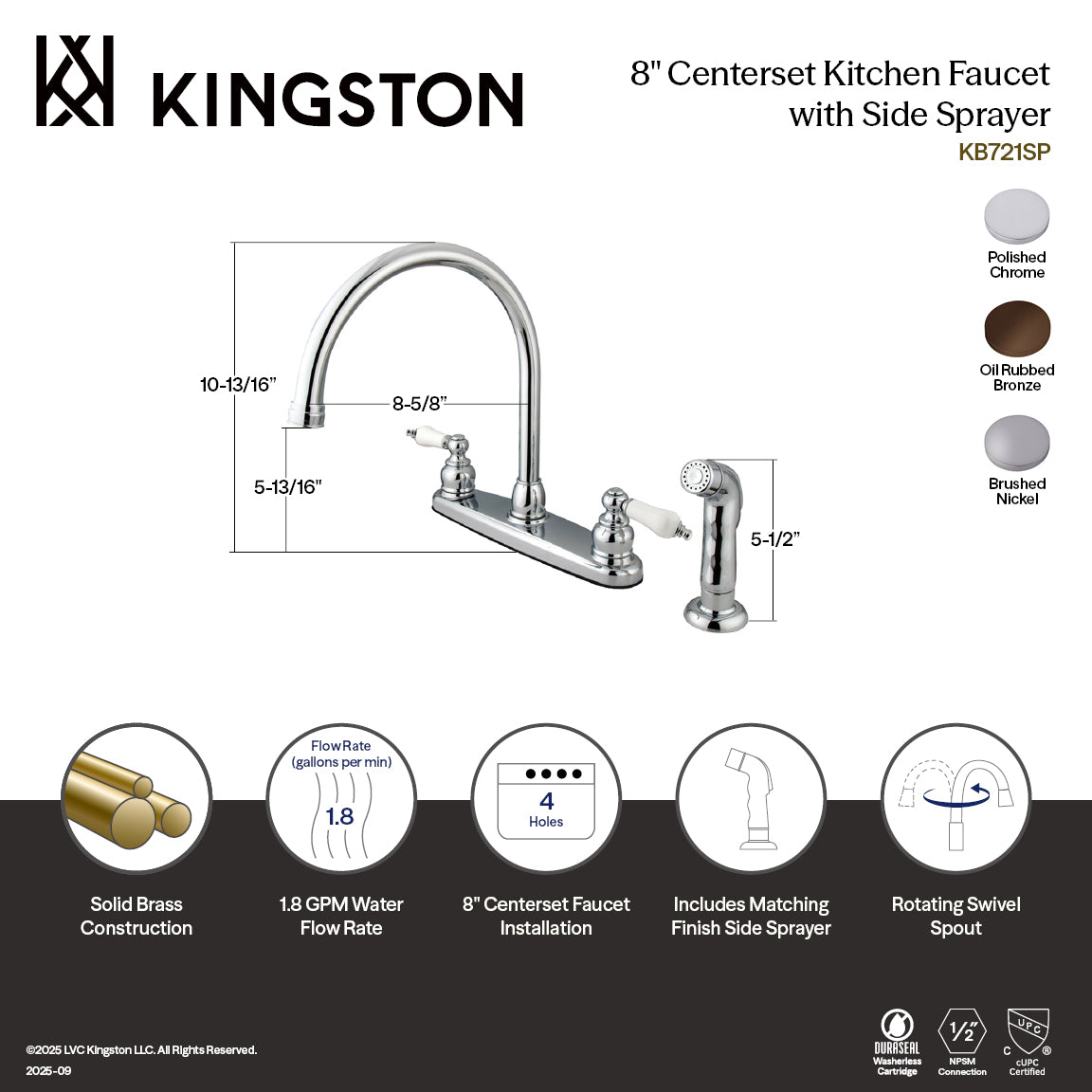 Kingston Heirloom KB721SP - Vintage Two-Handle 4-Hole 8" Centerset Kitchen Faucet with Side Sprayer, Polished Chrome — thumbnail 2